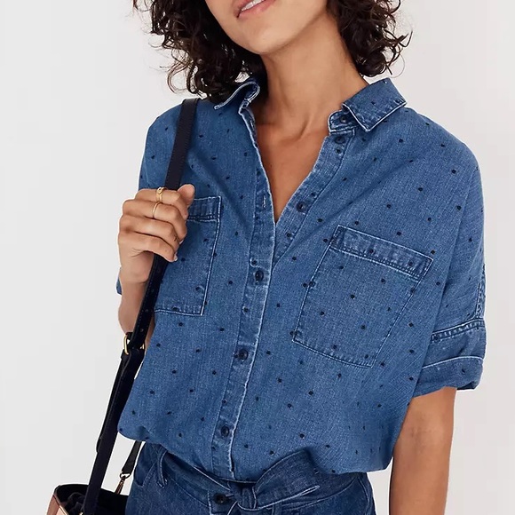 Madewell Tops - Madewell Top Courier Denim Blue Short Sleeve Button Up Metallic Dots XS NWT